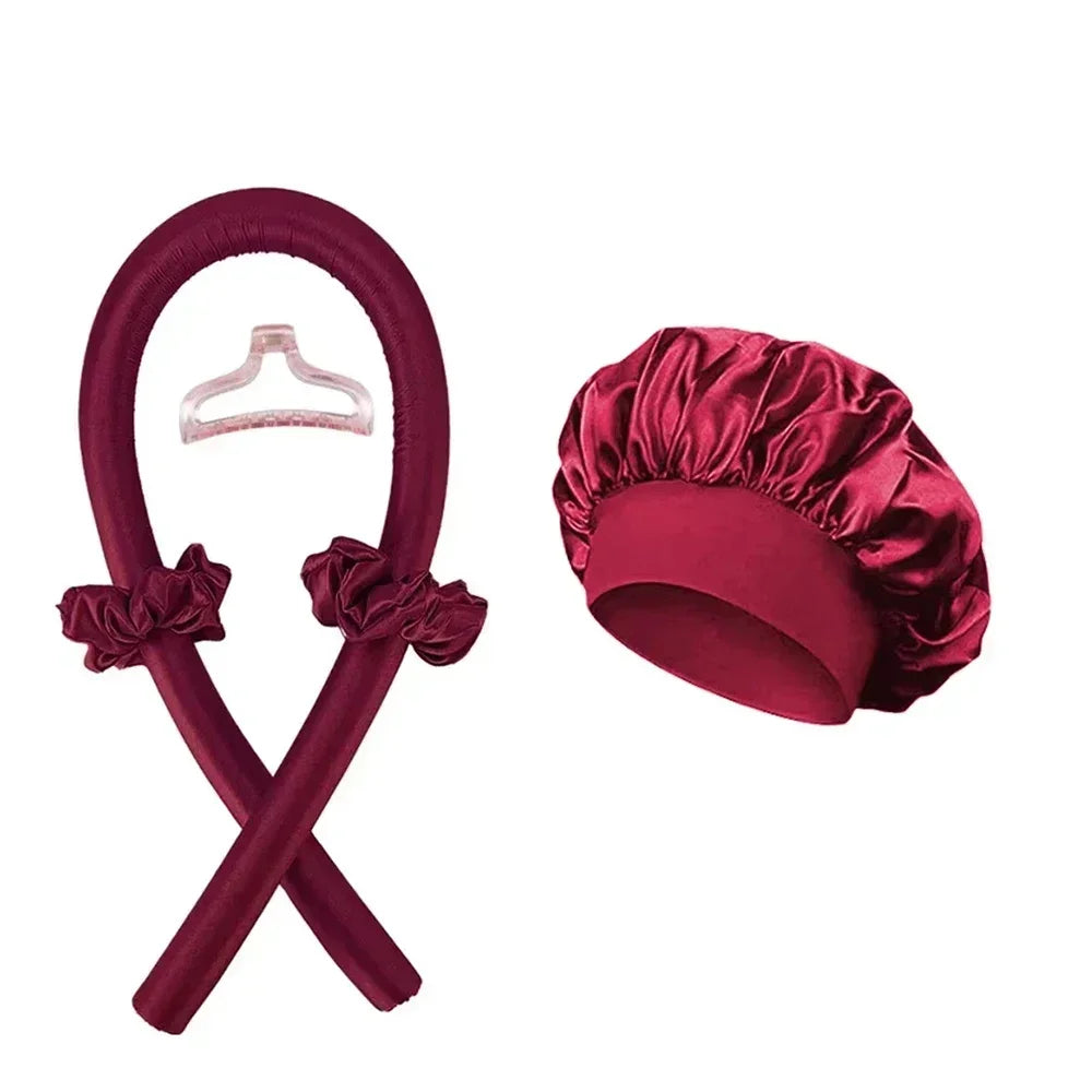Heatless Curling Rod Satin Nightcap Women No Heat Hair Rollers Qme Wine Red with cap