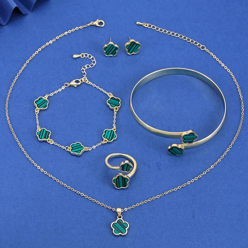 5PCS Five Leaf Flower Jewelry Set Bracelet Necklace Earrings Ring Bangle Classic for Woman Girl Party Brand Jewelry Gift Clover Qme 5PCS Green