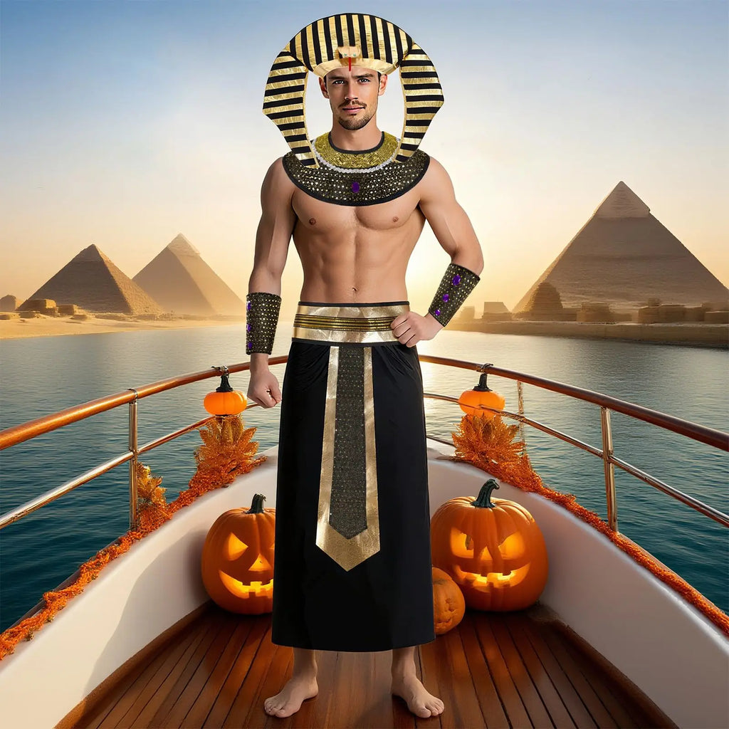 Egyptian Cleopatra Costume Accessories Pharaoh Headpiece Collar Belt Cuffs Halloween Anubis Sphinx Egypt King Tut Qme