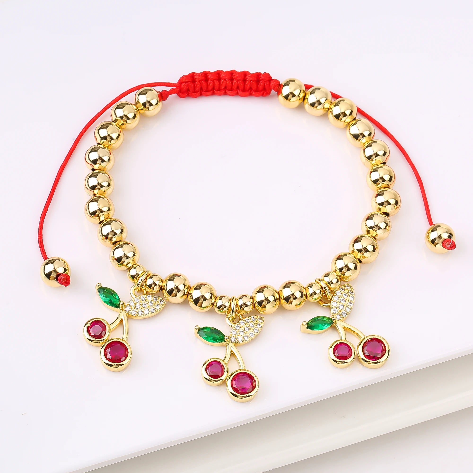 Gold-Plated Copper Bead Chain Braid Crystal Red Cherry Bracelet for Woman Female Daily Party Wrist Jewelry Friendship Gift Qme 1