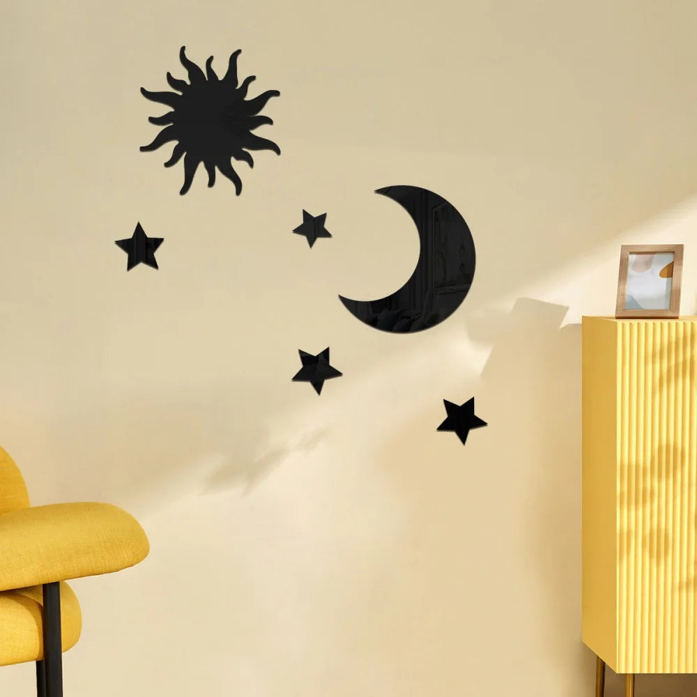 6PCS Star Moon Combination Mirror Acrylic Stereo Self Adhesive Diy Bedroom Living Room Can Be Removed Wall Stickers Qme black