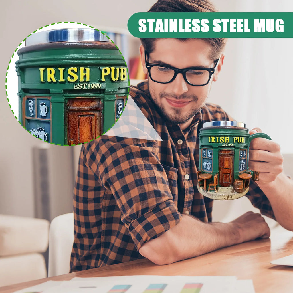Creative Irish Pub Stainless Steel Mug Home Bar Resin Crafts Ornaments Beer Mug Coffee Cup Drinking Utensils Xmas Holiday Gift Qme