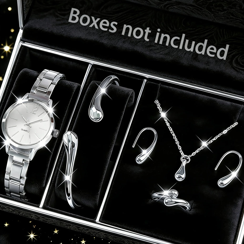 Classic Minimalist White Dial Gold Metal Watch Matching Smooth Teardrop Shape Jewelry Set For Women Wedding Party Gift Without Qme Silver