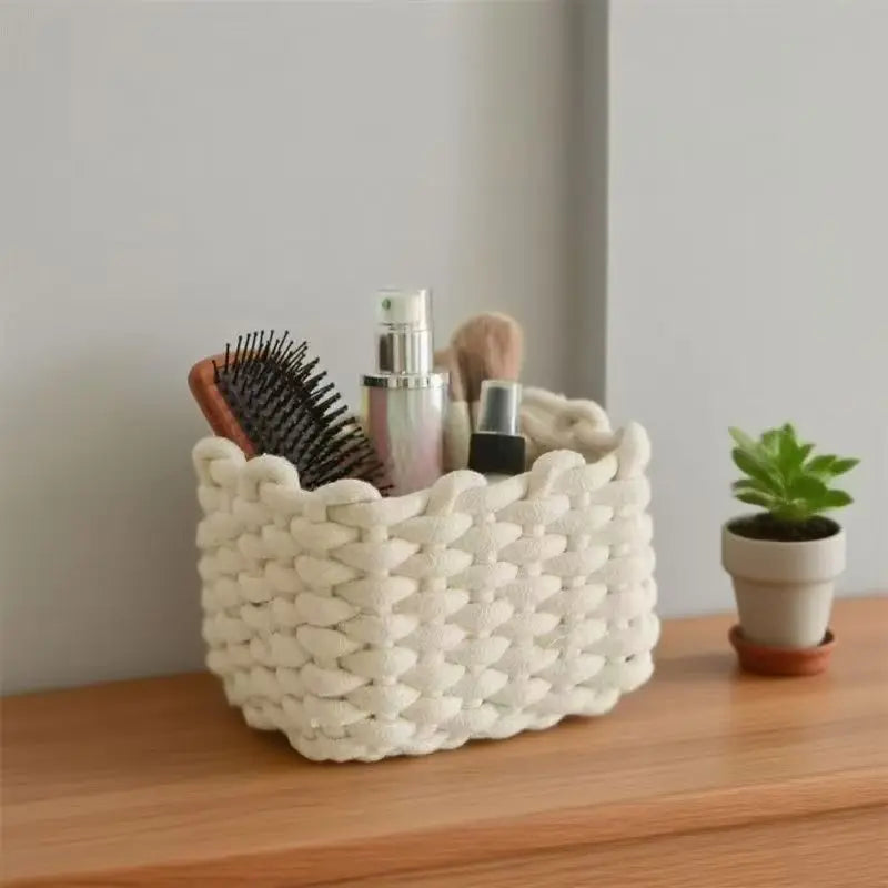 Artisanal Cotton Rope Storage Basket Bohemian Desktop Organizer Qme