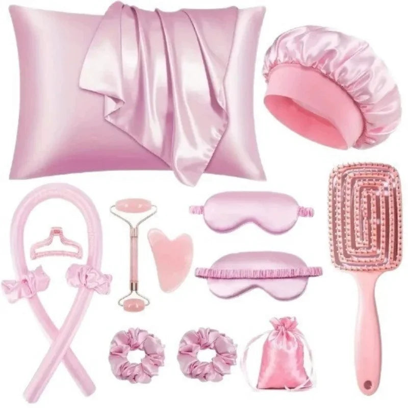 No Heat Curling Wand Set Lazy Summer Cool Silky Curls Kit with Shower Cap Eye Mask Easy Styling Hair Tool for Women Qme 13pcs pink