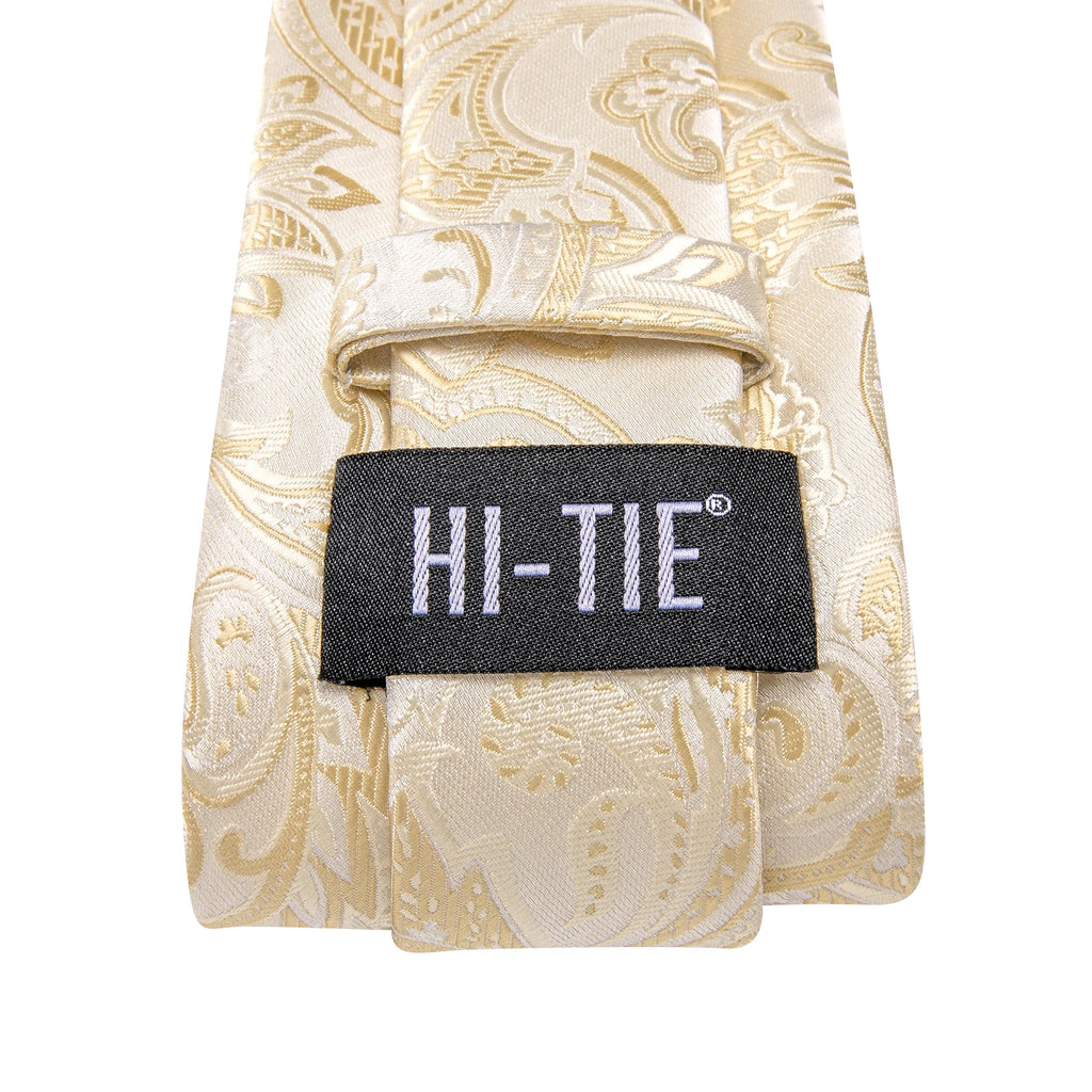 Hi-tie Floral Champagne Ivory Mens Elegant Necktie Handkerchief Qme
