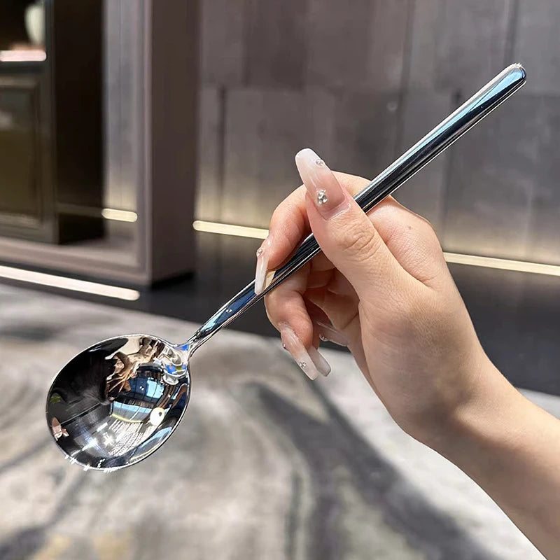 Long Handle Tableware Thicken Stirring Ice Spoon Meal Stainless Steel Qme Silver