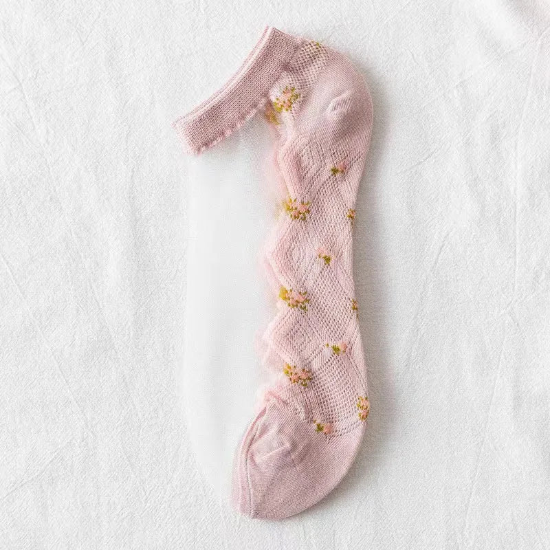 Women Fashion Summer Glass Stockings Thin Small Floral Card Silk Qme One Size pink