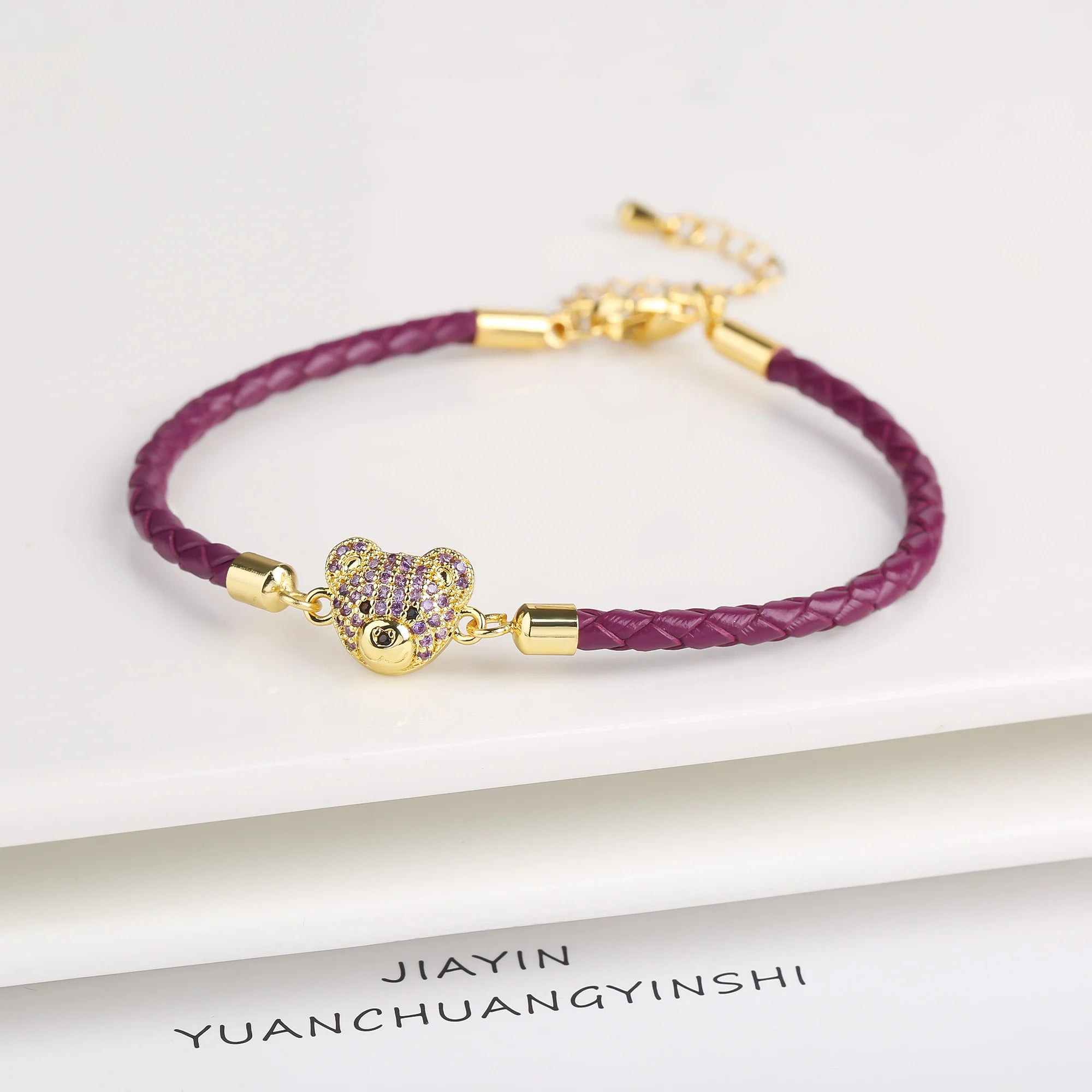 New 6 Colors Fashion Cute Animal Bear Zirconia Leather Rope Braided Adjustable Bracelet Classic for Man Woman Party Jewelry Gift Qme Purple