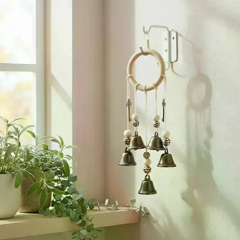 Bohemian Wind Chime With Natural Wooden Hoop And Vintage Metal Bells Perfect For Porch Balcony Boho Style Home Wall Decoration Qme