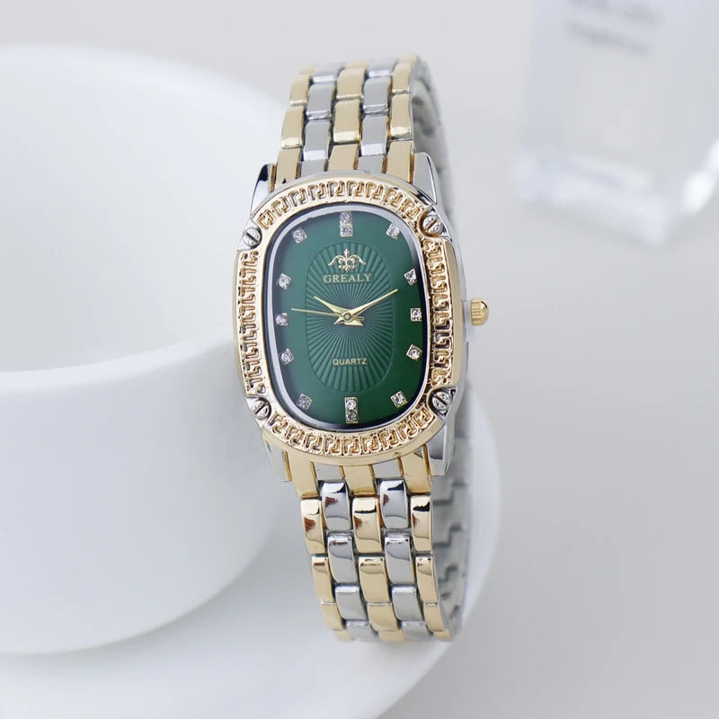 Luxury Fashion Metal Band Watches for Women Brand Simple Casual Oval Rhinestone Ladies' Quartz Wristwatch Qme Half Gold Green