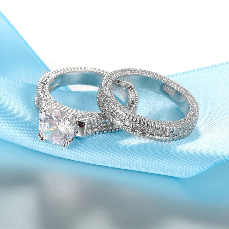 Elegant Wedding Engagement Couple Rings Set 925 Sterling Silver Color Anniversary Accessory With Full Shiny Cubiz Zircon Stone Qme
