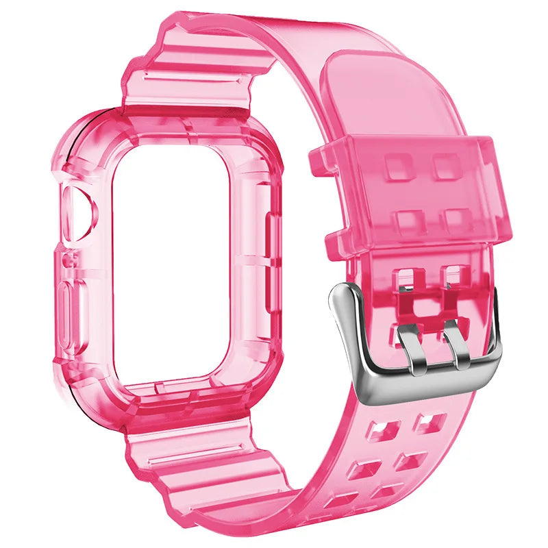 T 1 PCS Suitable for Apple Watch Transparent Jelly Colored Silicone Strap Integrated Waterproof Watch Protective Case for iWatch Qme Deep Pink 42 44 45mm