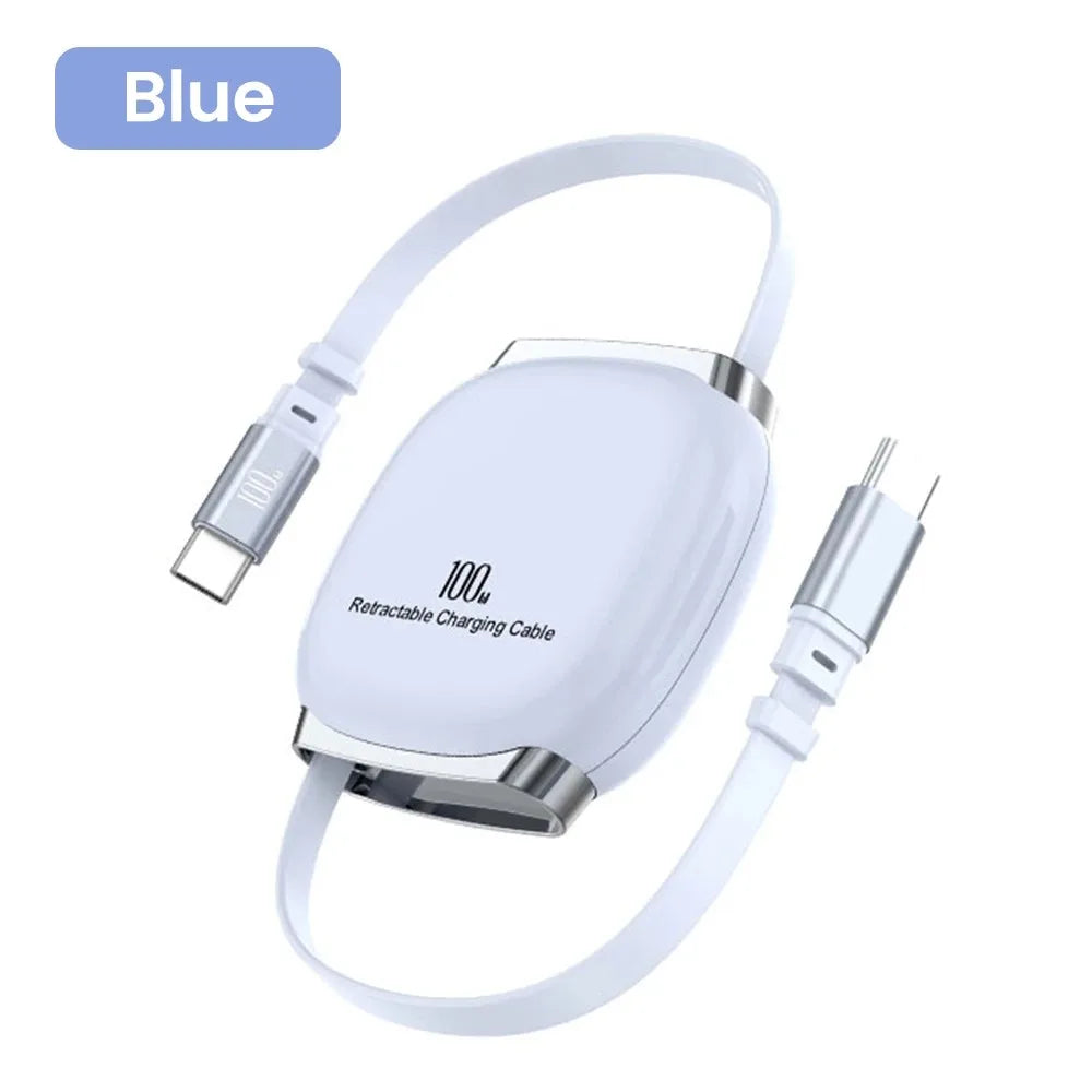 100W USB C to USB C Cable Portable Charge Cable Retractable Type C Fast Charging Cord For iPhone 17 Samsung Galaxy Xiaomi 15 14 Qme Blue 1m Type-C to Type-C