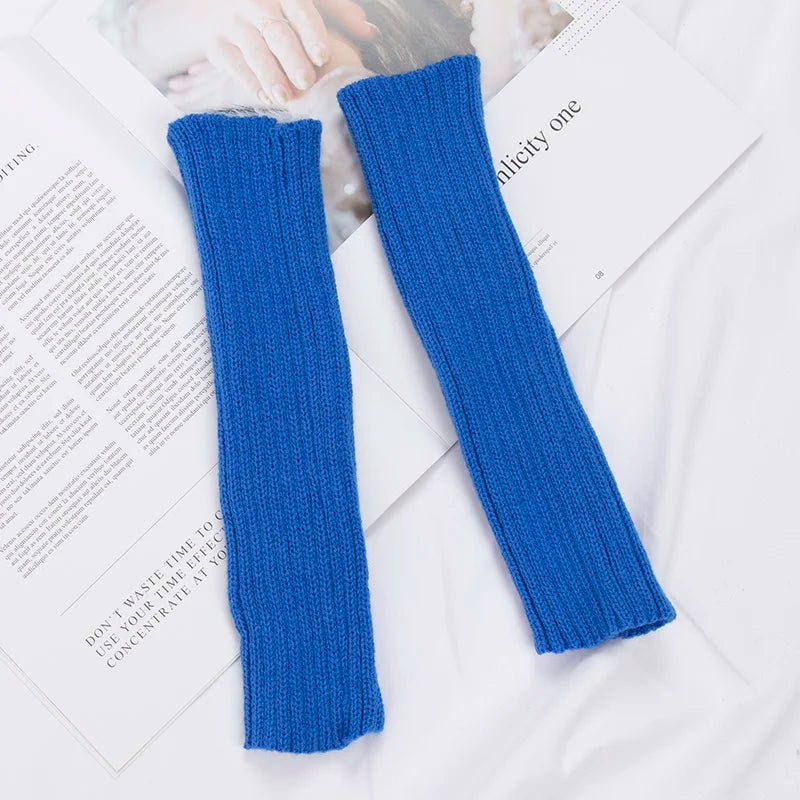 Long Fingerless Gloves Women Mitten Winter Arm Warmer Kawaii Knitted Qme ROYAL BLUE one size