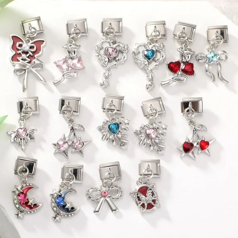Shiny Colorful Zircon Pendant Series Red Cherry Bow Italian Charm Link Fit 9mm Stainless Steel Bracelet Women Jewelry DIY Making Qme