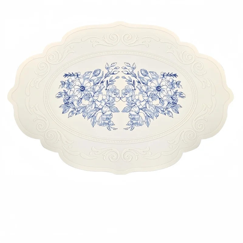Silicone Placemat European Style Retro Embossed Large Lace Table Mat Non-slip Placemat Non-slip Insulation Mat for Desktop Qme white 43x30cm