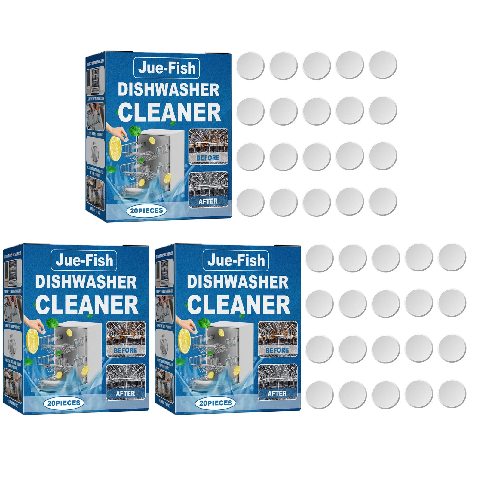 Dishwasher Cleaning Tablets Deep Removing Grease & Limescale Reduce Odors Fresh Lemon Aroma Powerful Cleaner Deodorizer Tablets Qme 3 x 20pcs Boxed
