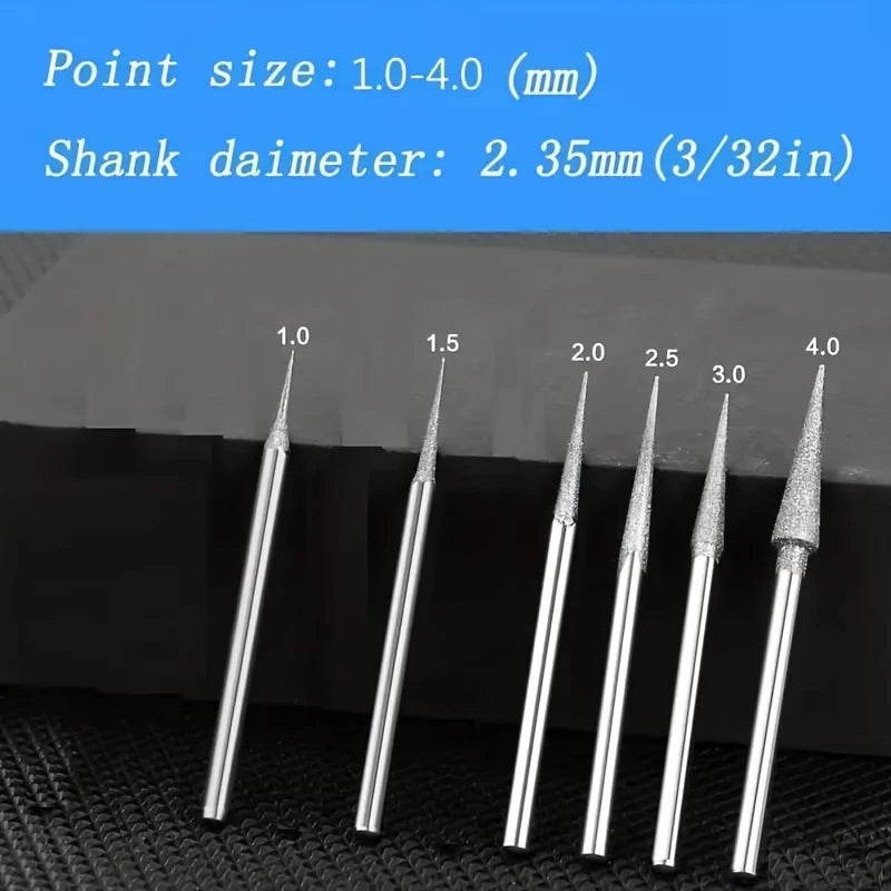 6 uds 1-4mm cabezal de molienda de diamante puntas de aguja rebabas herramienta de tallado de grabado vástago de 2,35mm D Qme