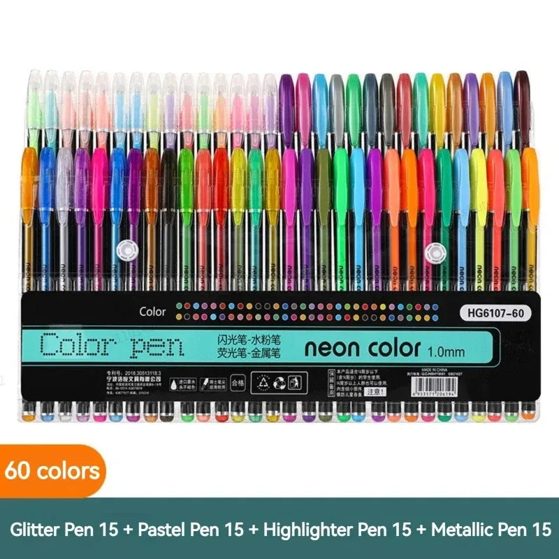 12-60Pcs Metallic Glitter Colors Gel Pens & Pen Refills For School Office Adult Coloring Book Journals Drawing Art Markers Qme 60 Colors Pen