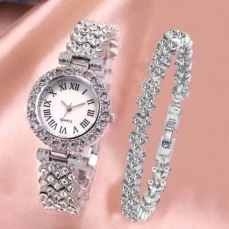Reloj Fashion Roman Pattern Diamond Ladies Watch for women Quartz Women's Watch Girls Lady Clock Bracelet Chains Free Shipping Qme Silver