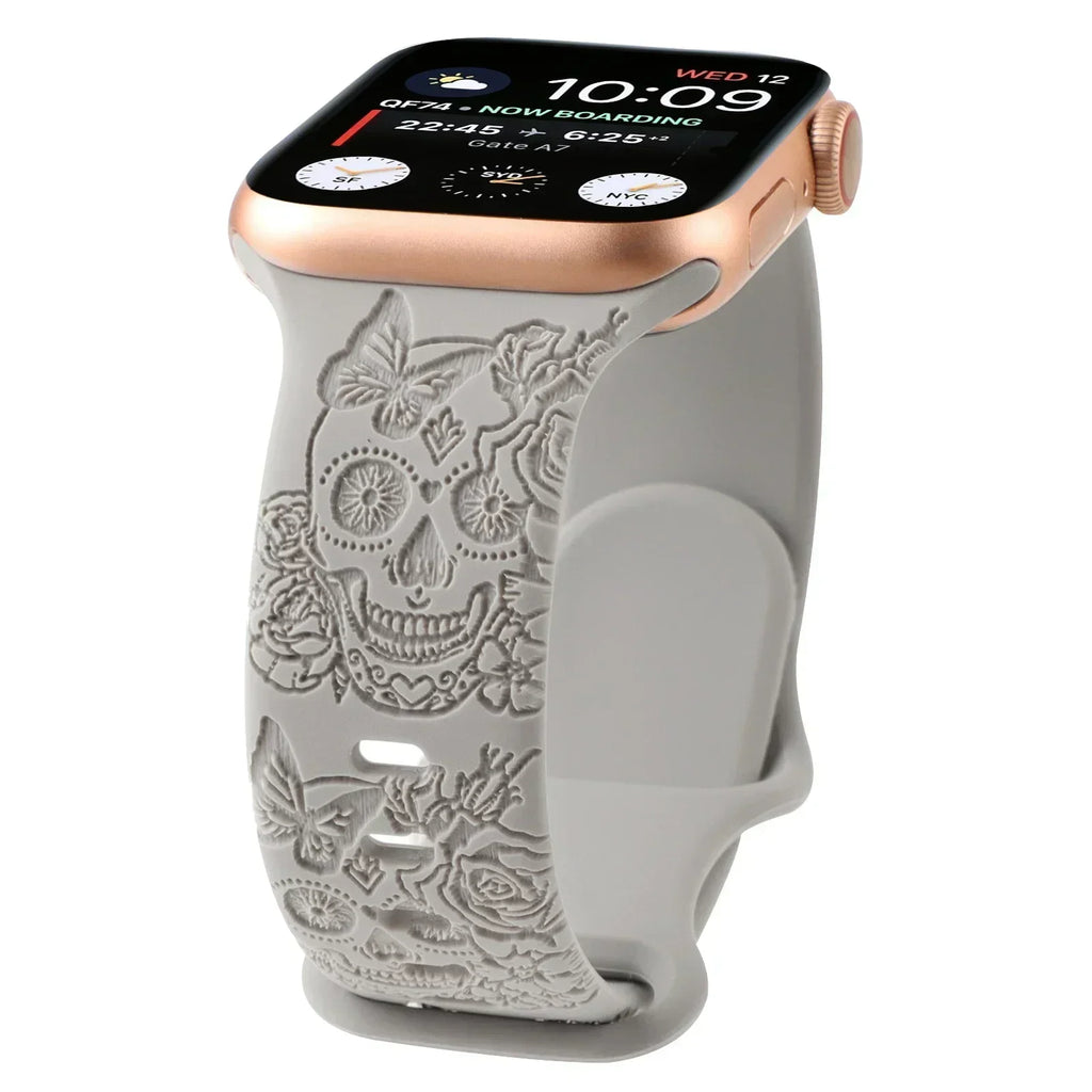 Skull Engraved Strap For Apple Watch Band Ultra 2 49mm 45 44 40 41 42 38mm Silicone Sport Bracelet For iWatch Series 8 9 7 65 SE Qme