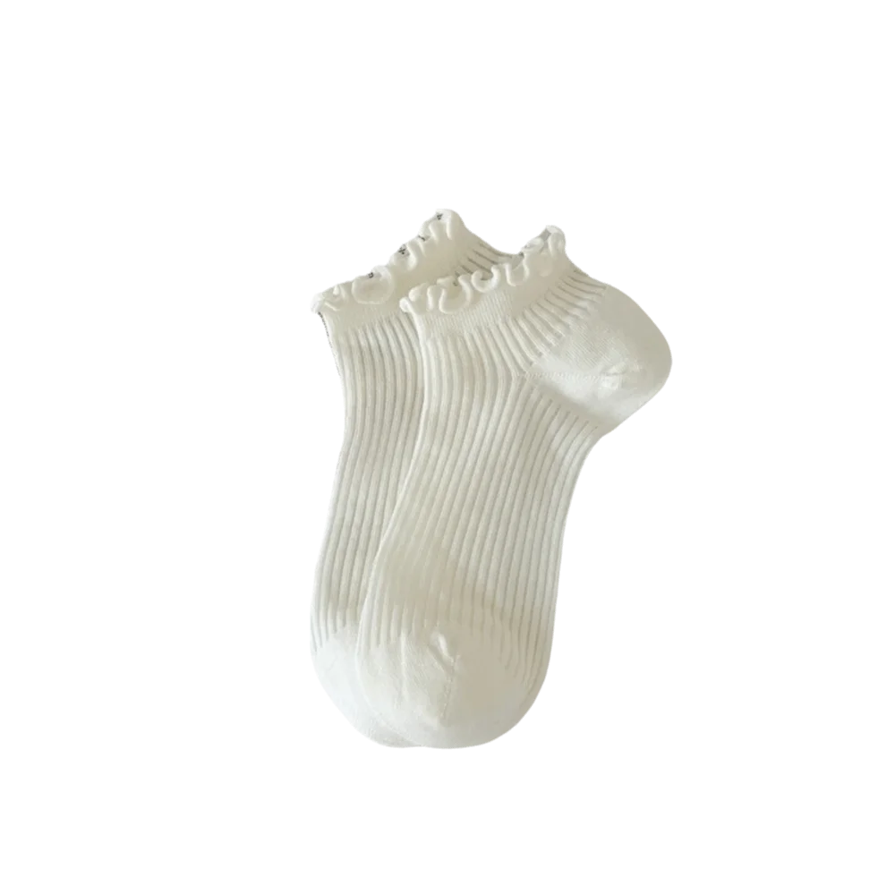 Korean Fashion Candy Ankle Socks Ruffle Mid-calf Women's Breathable Qme Milky White One Size