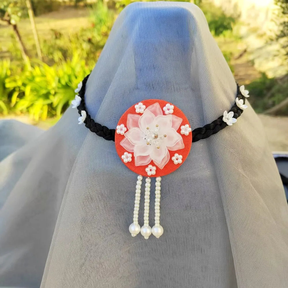 Retro Flower Hanbok Wig Headdress Pearl Traditional Korea Ethnic Qme Style1-Orange
