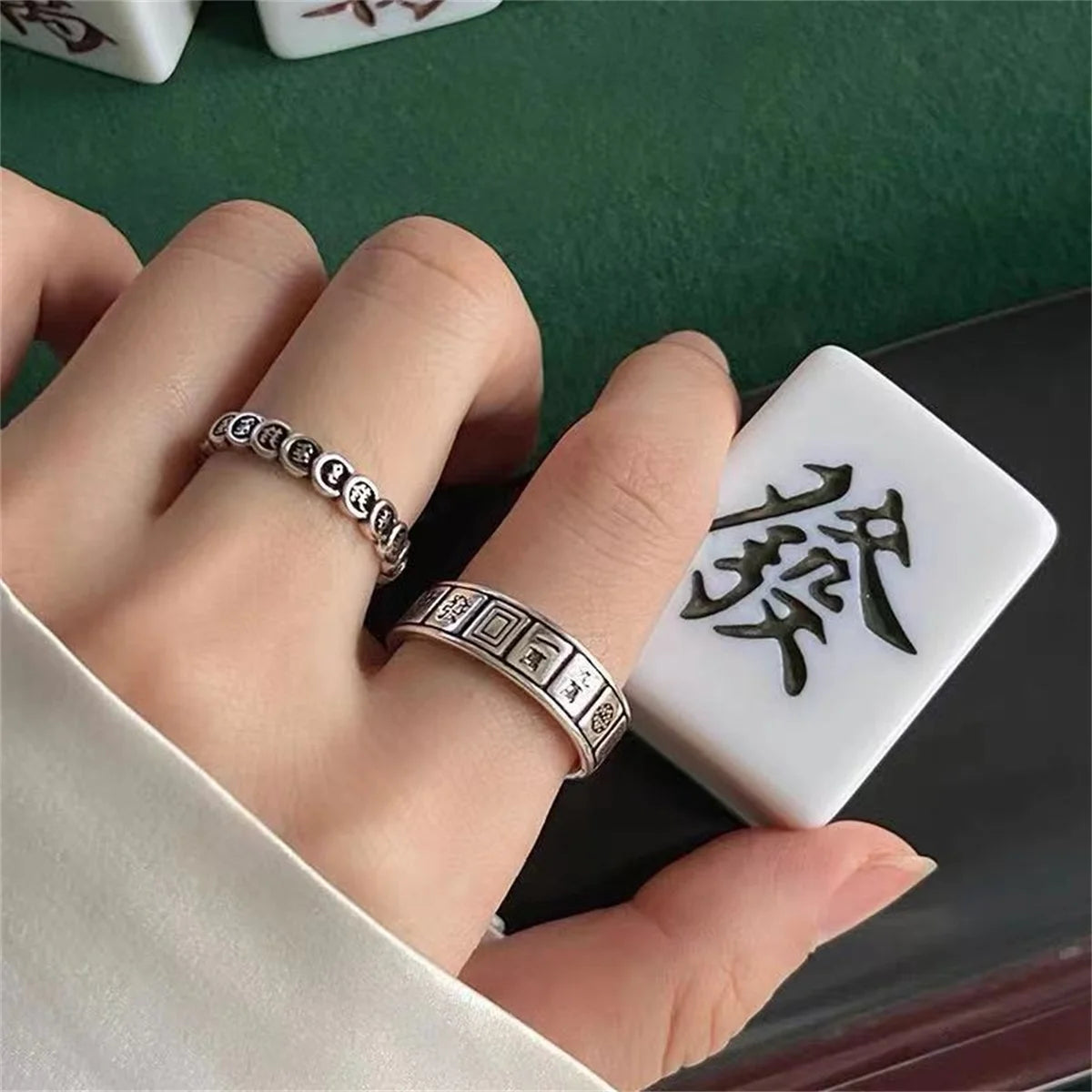 Creative Mahjong Money Abundant Adjustable Open Free Size Chinese Character Print Finger Ring for Men Women Retro Silver Color Qme