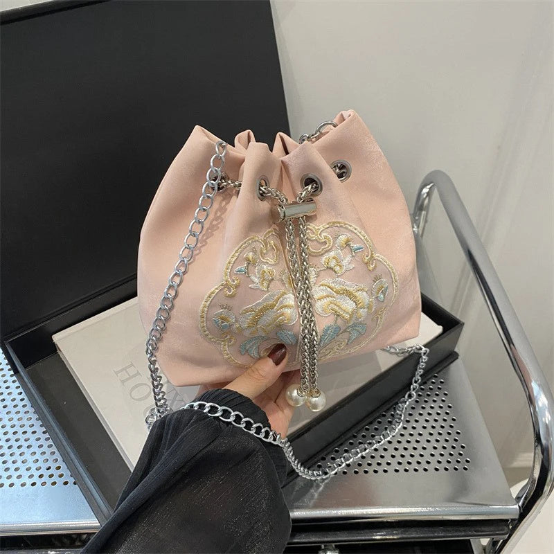 Chinese Style Fine Embroidery Ladies Handbags Fashion Shoulder Bag Daily Party Tote Handbag For Women Qme Pink