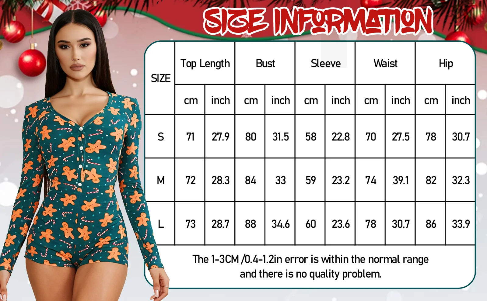 Women's Christmas One Piece Long Sleeve Jumpsuit Gingerbread Printed Romper Pajamas V-Neck Shorts Jumpsuit Cosplay Costume Qme