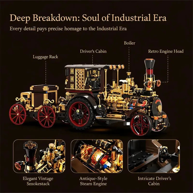 Diy Vintage Mechanical Steam Car Building Blocks Model City Retro Steam Punk Vehicle Desktop Decoration Bricks Toys Adults Gifts Qme