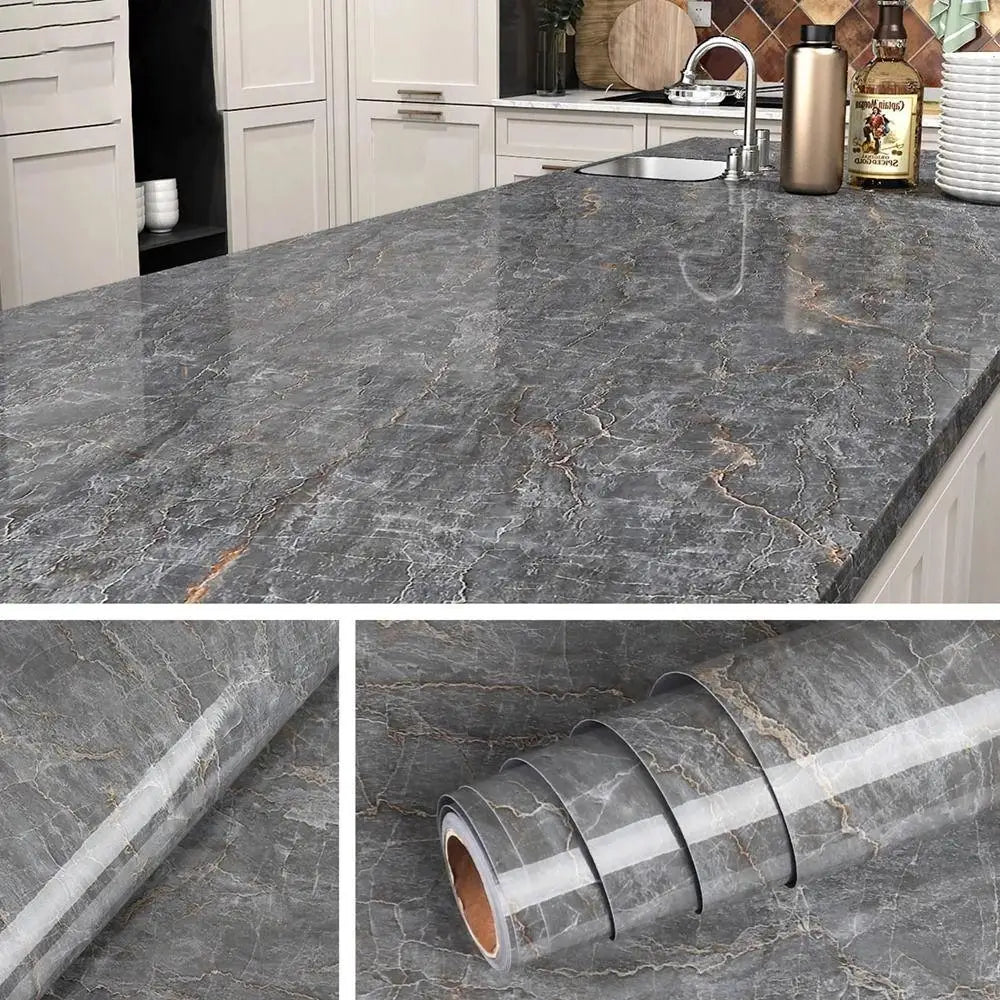 40cm Waterproof Self-Adhesive PVC Marble Oil Resistant and Mold Proof Wall Sticker Bathroom Kitchen Cabinet Countertop Wallpaper Qme