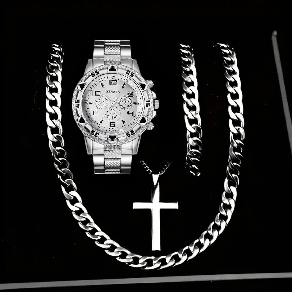 Men Geneva Gold Watch Cross Necklace 2Pcs Hip Hop Jewelry Set Qme Silver White Set