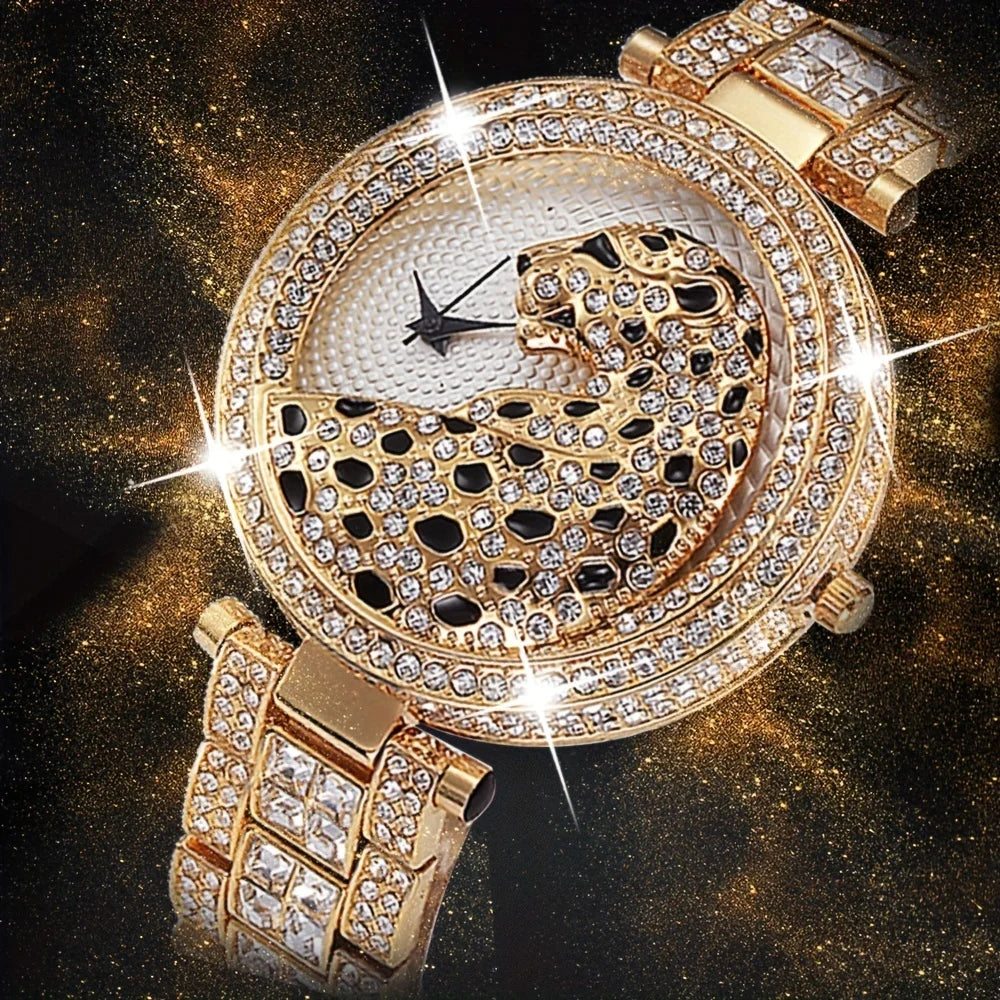 Leopard Inlaid Rhinestone Watch Elegant Hollow Minimalist Round Quartz Watch Women Jewelry Dress Watch Qme