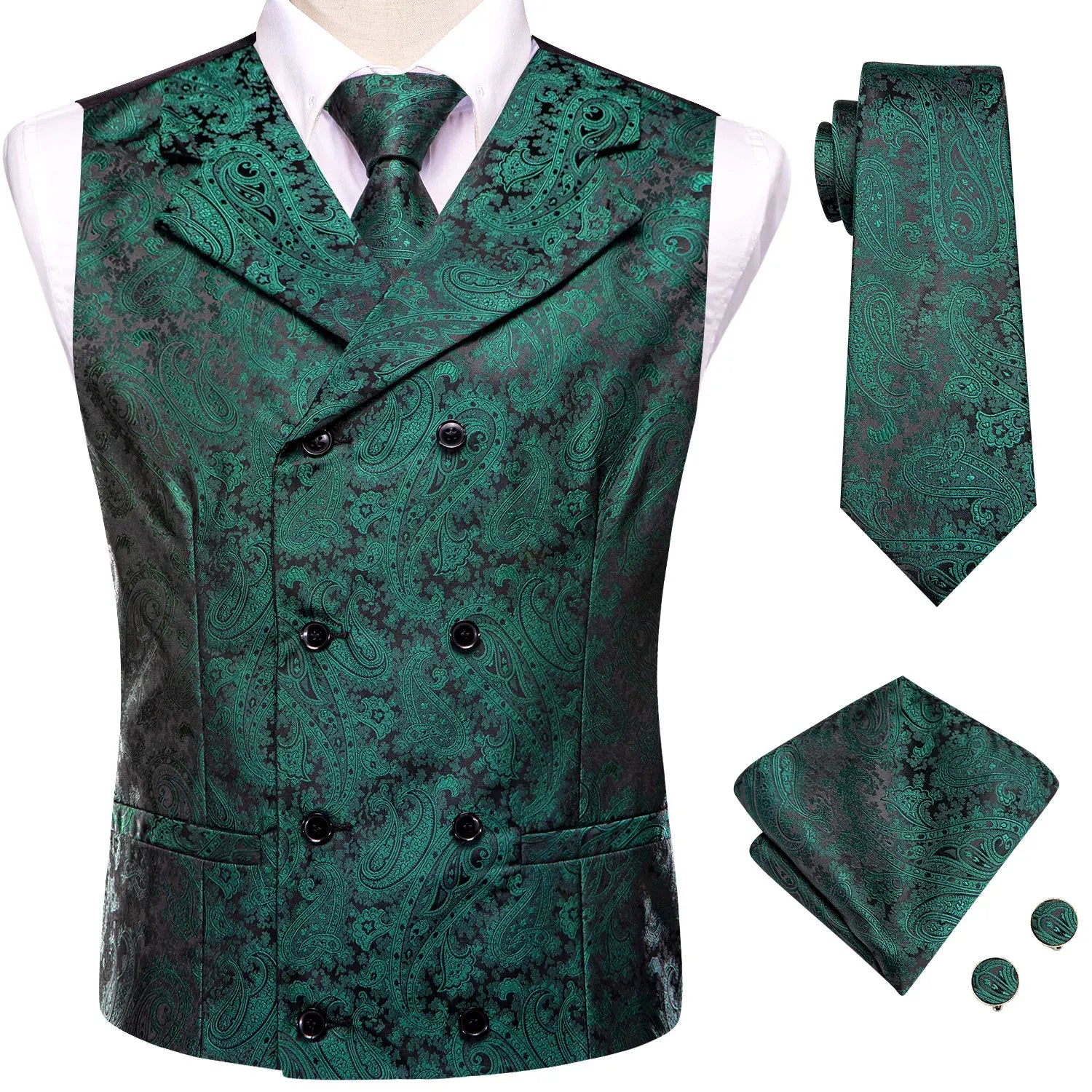 Formal Men V-neck Waistcoat 4-in- Vest Tie Pocket Square Cufflinks Qme MJTZ3113 XXXL