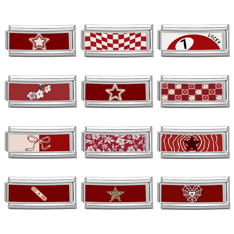 Fashion Personalized DIY Red Color Italian Charm Bracelet Stars Grids Bow Spider Web Bead 9mm Bracelet Stainless Steel Jewelrys Qme