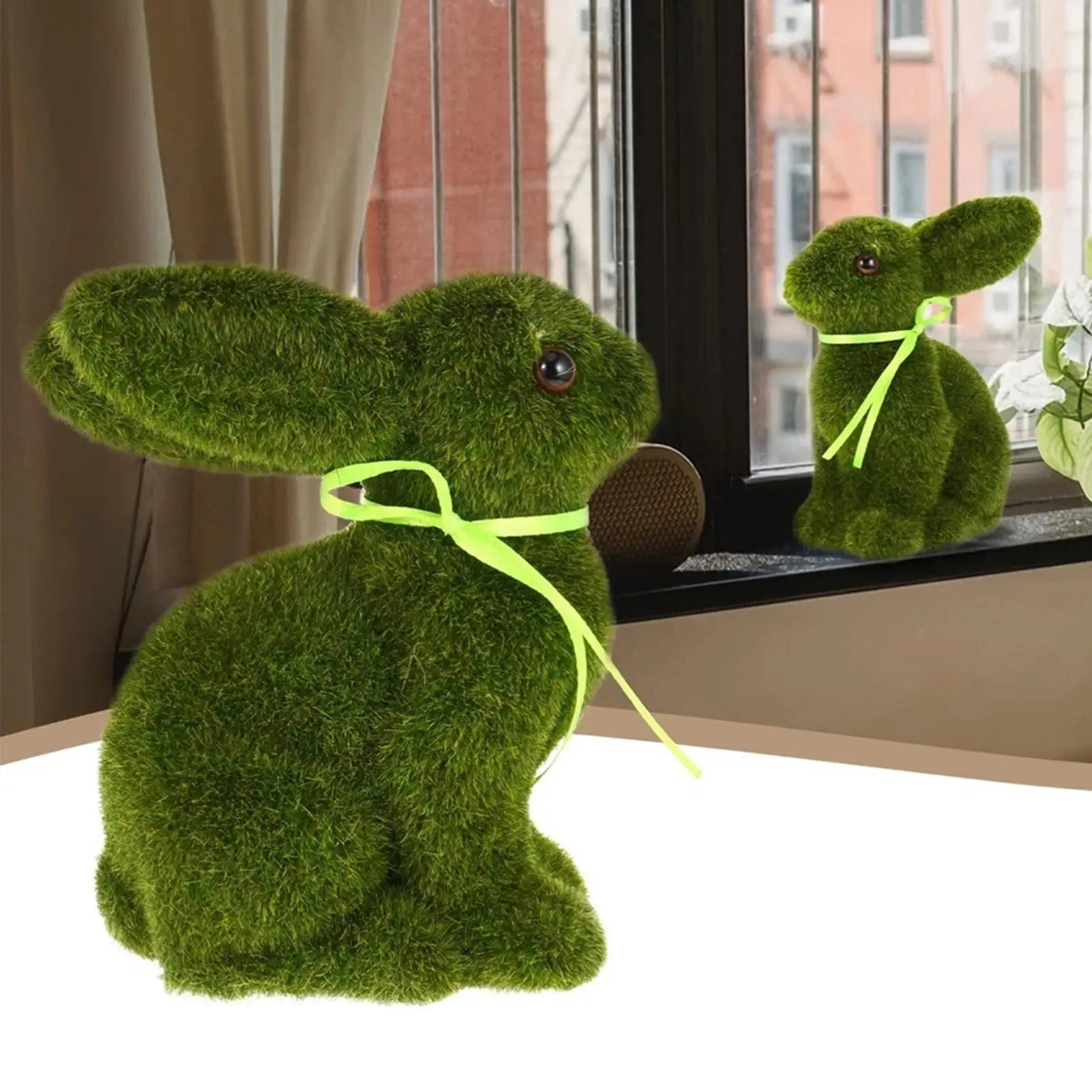 Moss Rabbit Decor Tabletop Sculpture Ornament Garden Easter Rabbit Figurines Flocked Animal Statue Figurine for Outdoor Garden Qme