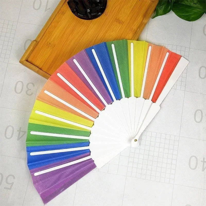 Plastic Hand Crank Fan Foldable Oriental Rainbow Silk Fabric Pocket Qme