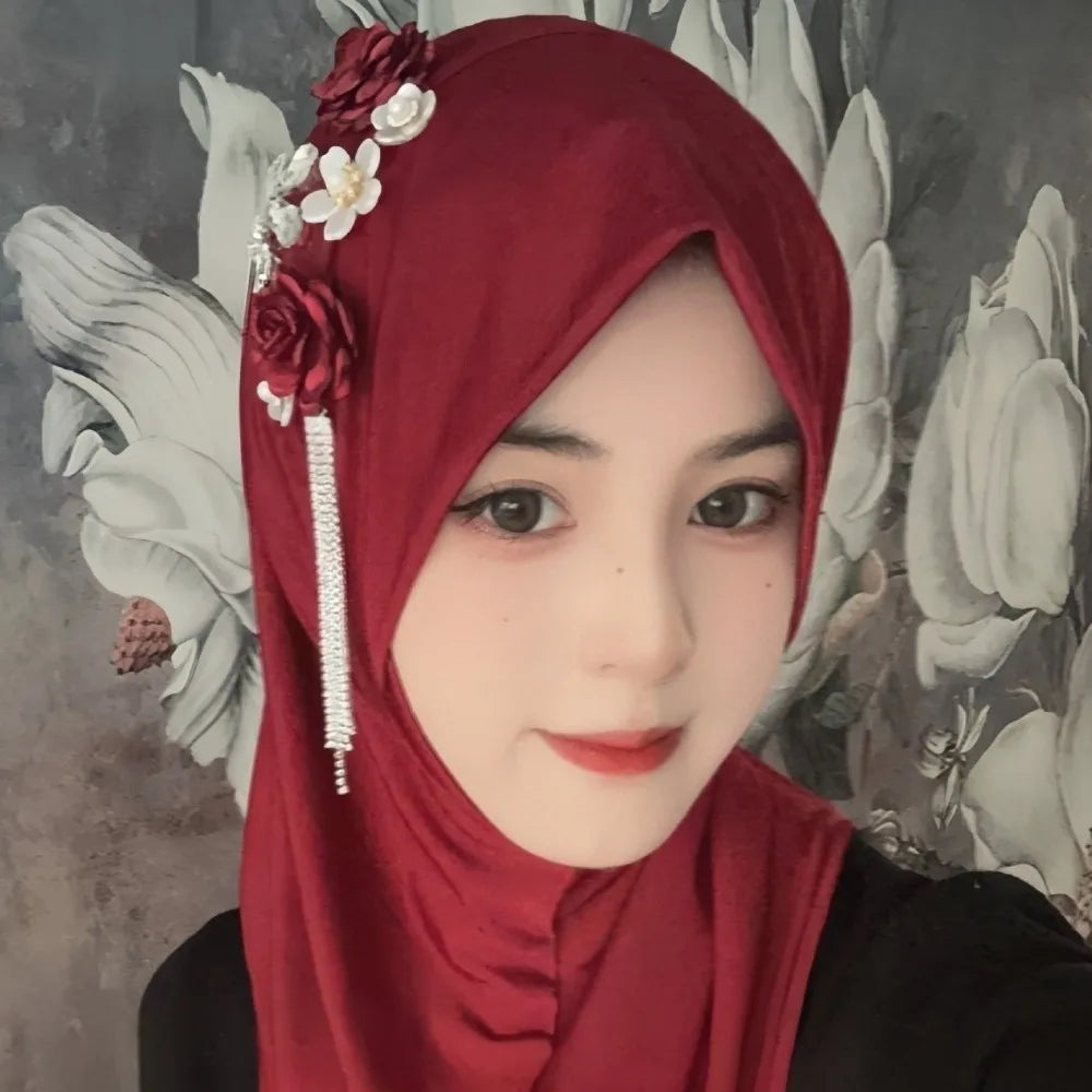 Round Neck Elastic Flower Tassel Hijab Cap Breathable Solid Color Pre-Tied Headscarf Soft Fabric Polyester Head Wrap Home Qme Red
