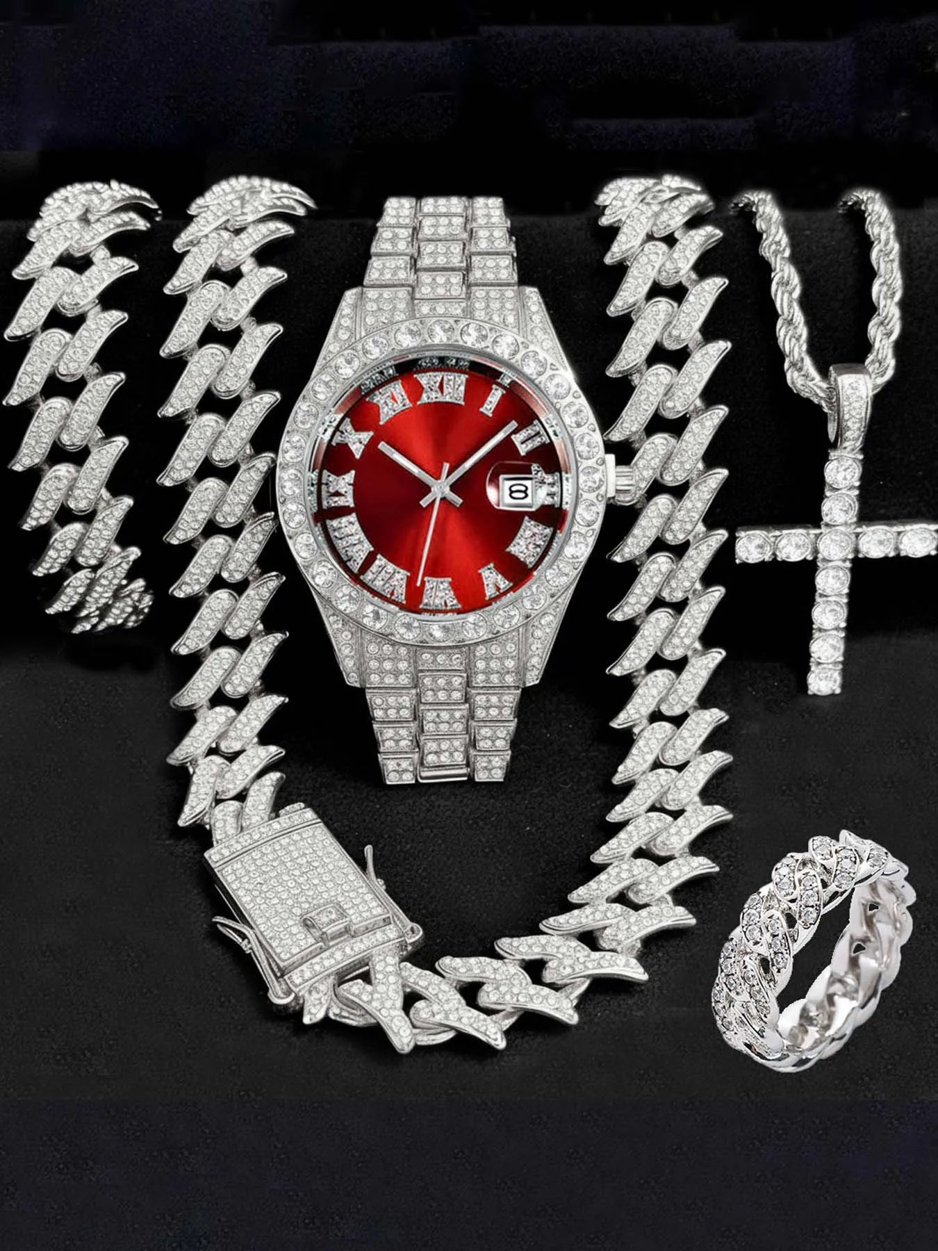 Diamond studded Roman style fashion watch with calendar for women, women's watch set for women Qme Multicolor