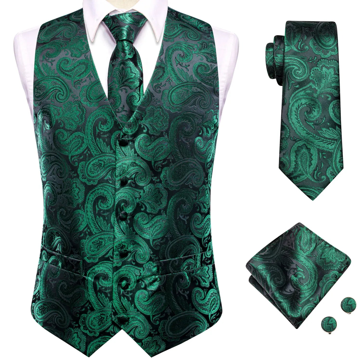 Hi-tie Mens Suit Vests Necktie Hankerchief Cufflinks Silk Slim Fit