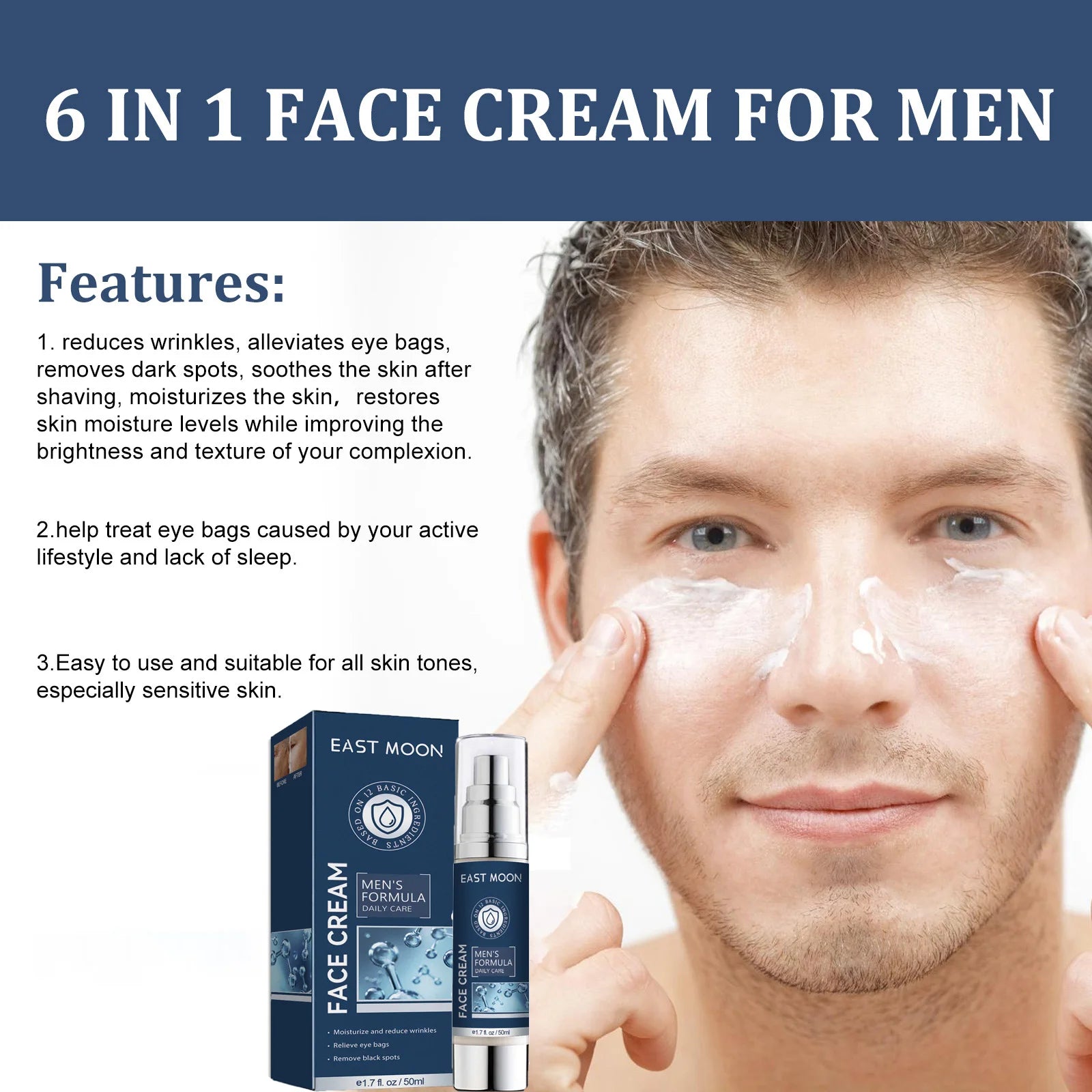 6 IN1 Men's Face Moisturizer Cream Hydrating Skin Lighten Dark Circles Anti-Puffiness Fade Fine Lines Brightening Facial Cream Qme