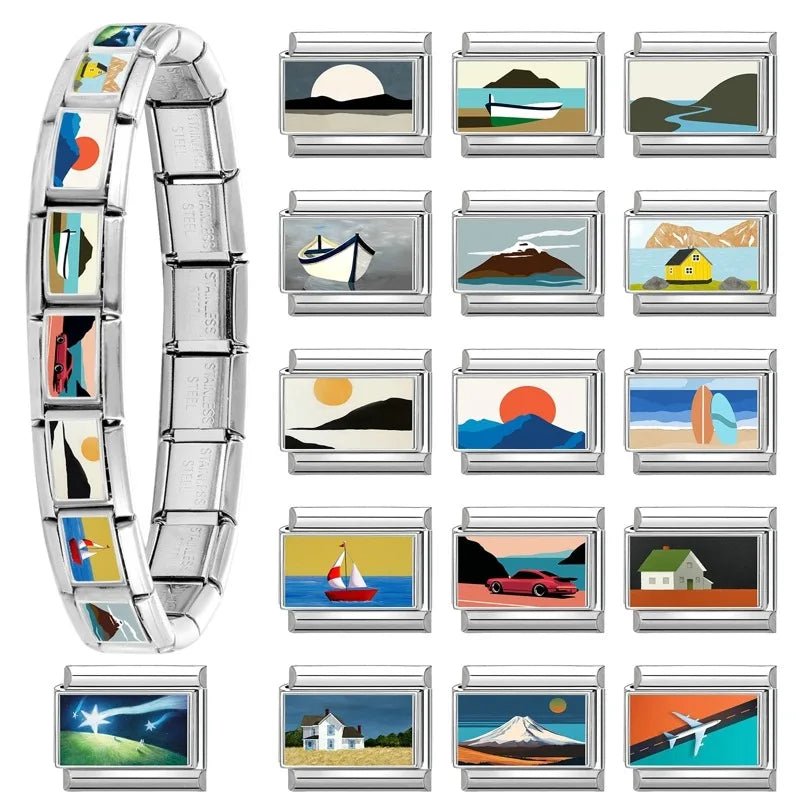 2026 Original Snow Mountain Pine Tree Sun Villa Italian Charm Links Fit 9mm Stainless Steel Bracelet Men Women DIY Making Gifts Qme