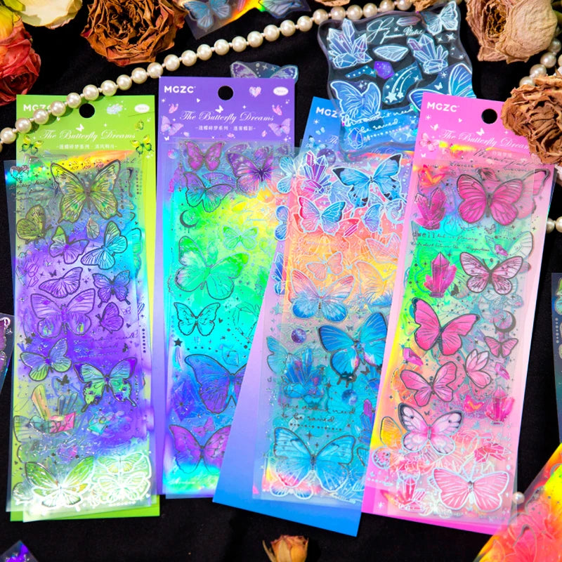 3 pcs Laser Butterfly Series Art Collage Junk Journal Supplies DIY Scrapbooking Stickers PET Waterproof Craft Aesthetics Sticker Qme