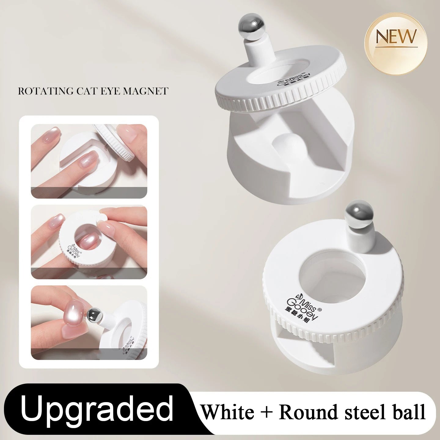 Auto Rotate Cat Eye Magnet, Professional Nail Art Tool for 3D Glass Bead Effect, Strong Magnetic Wand Easy for Beginner DIY Nail Qme A White and ball