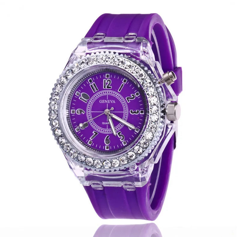 led Flash Luminous Watch Personality trends students lovers jellies woman men's watches 7 color light WristWatch bayan kol saati Qme purple