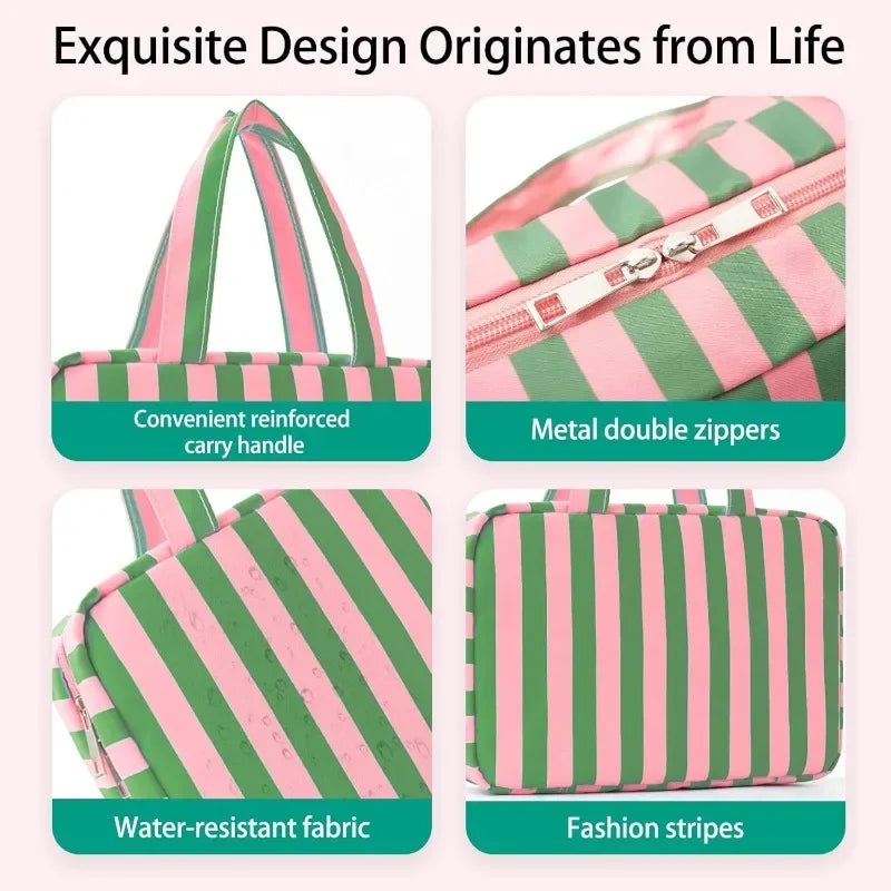 Foldable Hanging Travel Makeup Bag Wet Dry Compartments Striped Multi Qme