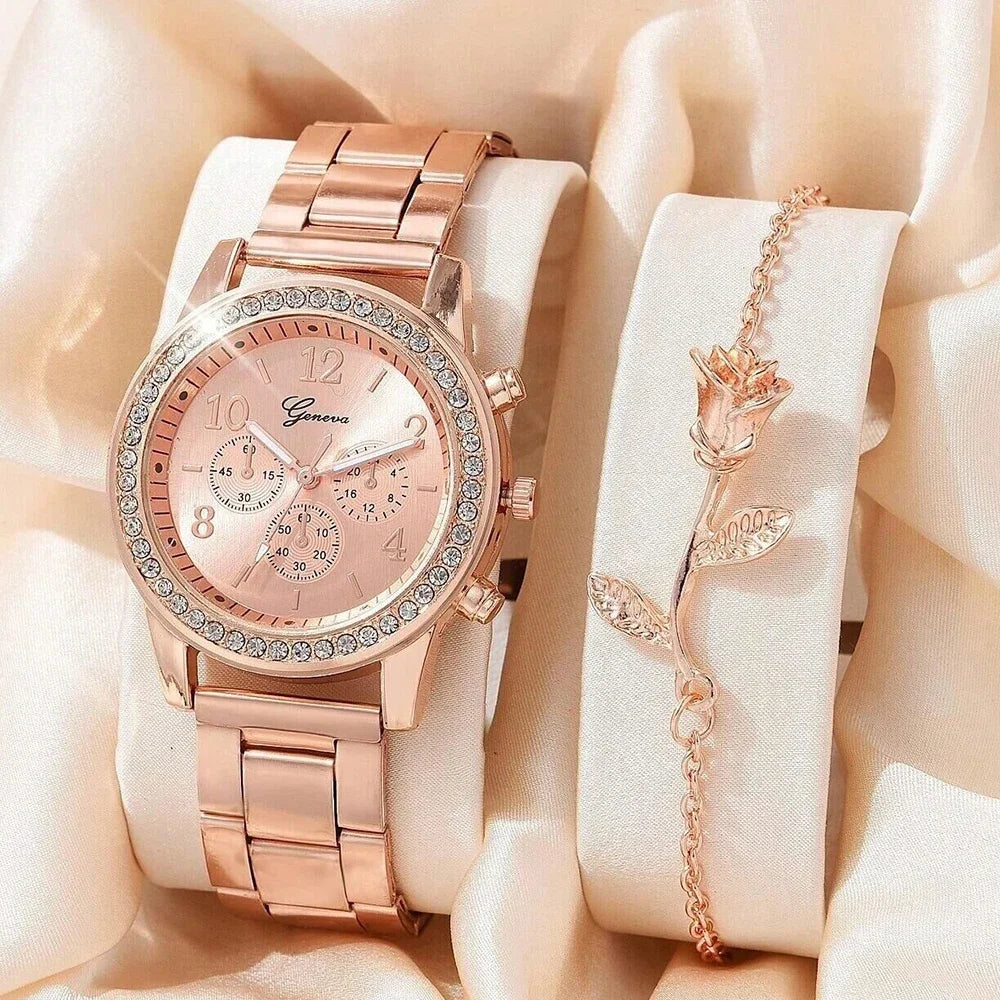 5PCS Quartz Watch Set Women Fashion Silver Round 3 Eyes Alloy Strap Wristwatch Gift Rhinestone Watch For Women Jewelry Set Qme 5