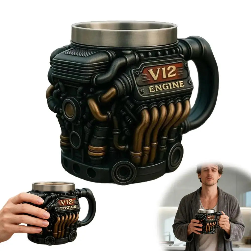 Engines Stainless Steel Cup Handmade V12 Engines Coffee Cup For Car Enthusiasts Tea Mug For Home Or Office Unique 3D Gifts Qme